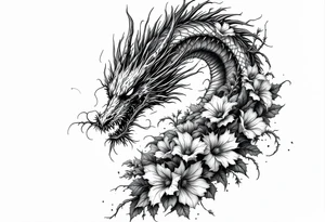 scary long dragon with dead flowers tattoo idea