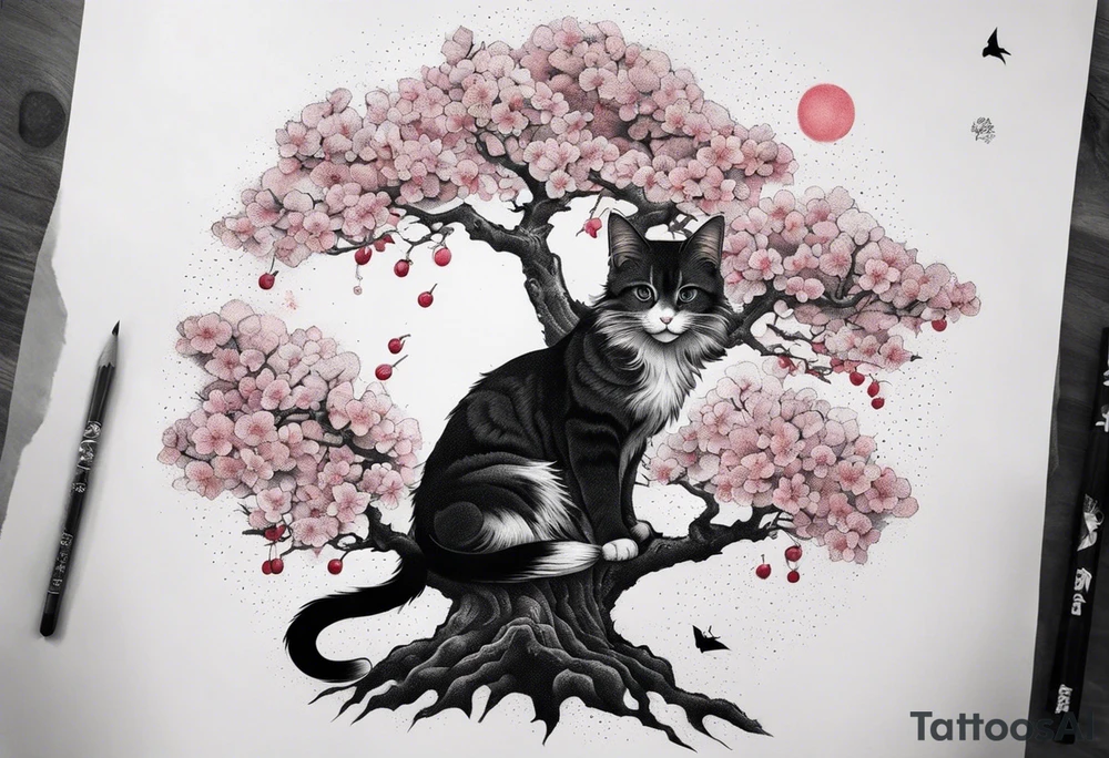 cherry blossom branch meeting with a dying pine tree with hidden cute demon cat tattoo idea
