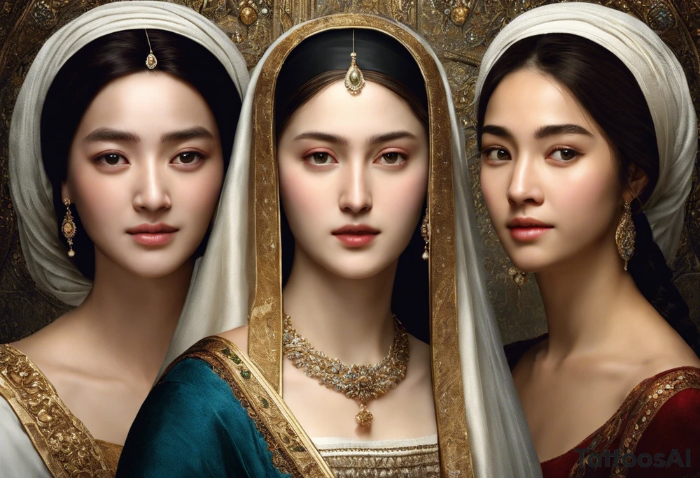 Three women's faces next to each other. The woman on the left is still a girl about 13 years old, the woman in the middle is about 40 years old and the one on the right is about 75 years old. The woman in the middle is looking at the bearer. The other two are looking at the woman in the middle. The tattoo is shaded on the chest of a man in black and white tattoo idea