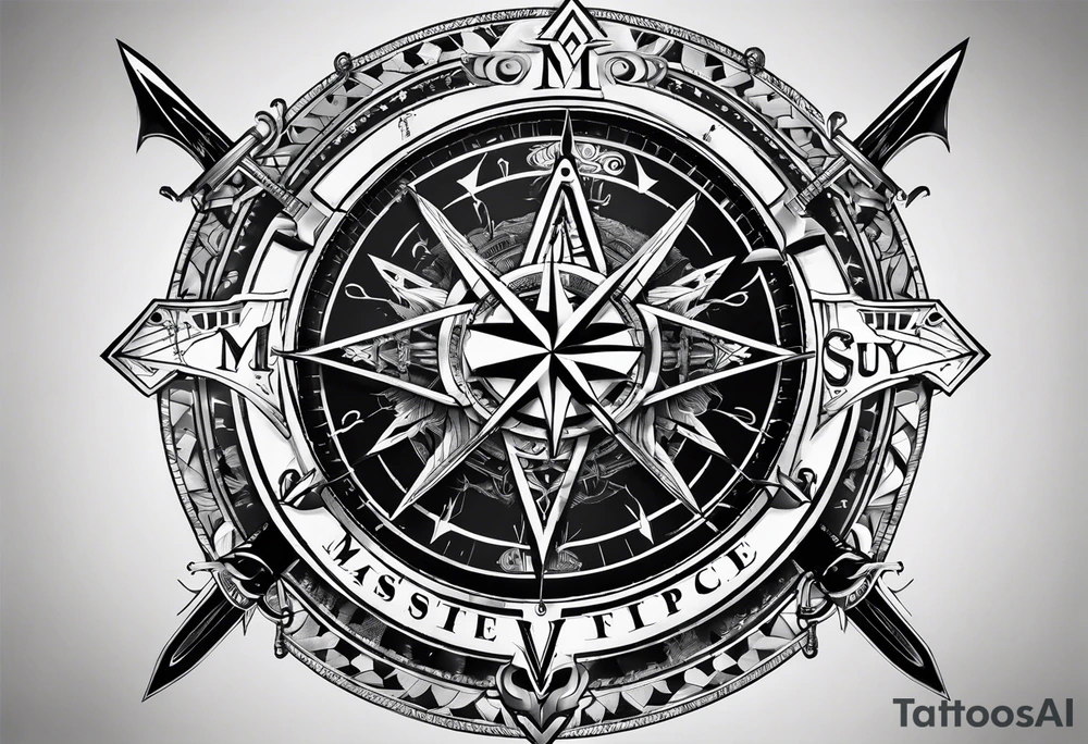 guy faux mask compass. Slashed lettering for the navigational directions and long fencing swords as the arrows tattoo idea