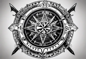 guy faux mask compass. Slashed lettering for the navigational directions and long fencing swords as the arrows tattoo idea