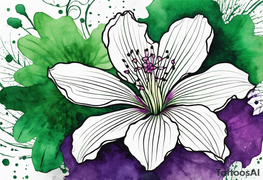 An outline of a green rio dipladenia flower and a green and purple watercolor splash in the background tattoo idea