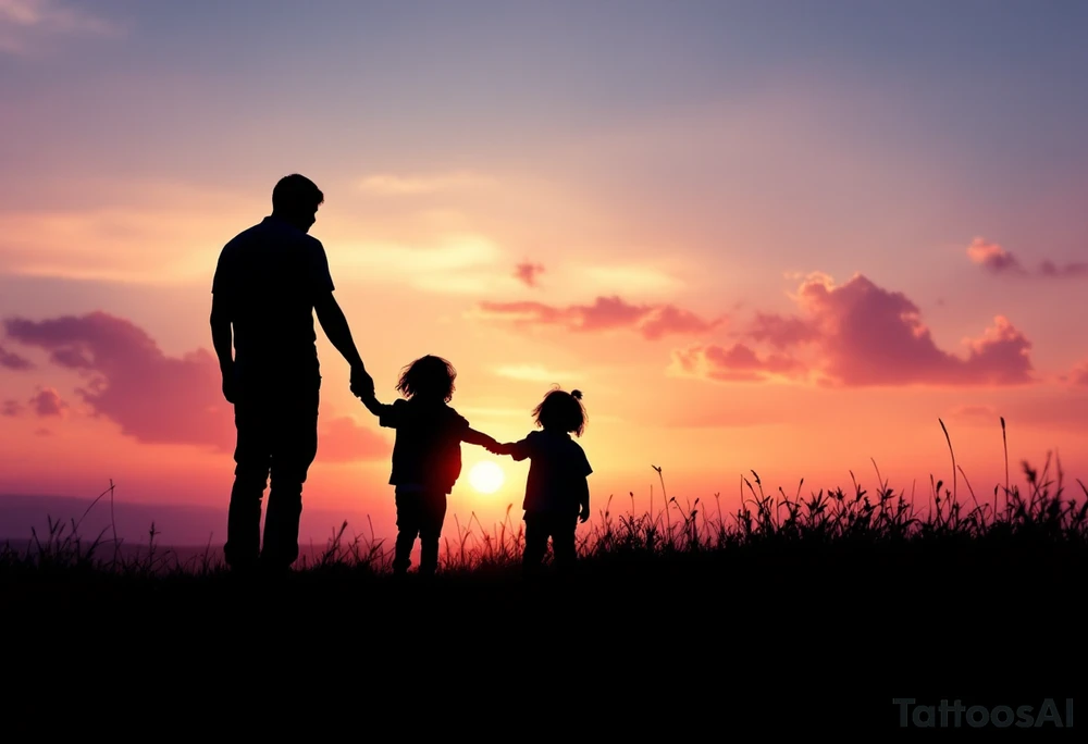 A silhouette of a father holding hands with two children at sunset, shaded in black with a soft orange and pink background. tattoo idea