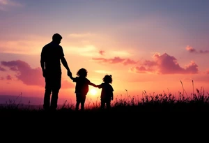 A silhouette of a father holding hands with two children at sunset, shaded in black with a soft orange and pink background. tattoo idea