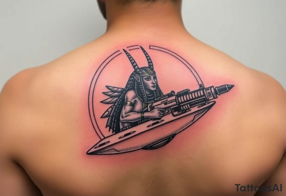 "Anubis in a ufo, holding a tommy gun. . Hieroglyph background spells 'BTC TO THE MOON'.  

Style: Art Deco meets cyber-Egyptian. Black/red/gold ink. Forearm sleeve." tattoo idea