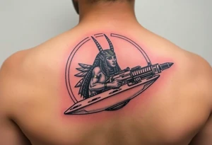 "Anubis in a ufo, holding a tommy gun. . Hieroglyph background spells 'BTC TO THE MOON'.  

Style: Art Deco meets cyber-Egyptian. Black/red/gold ink. Forearm sleeve." tattoo idea