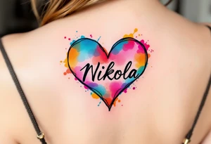 A colorful mini splashed heart, with vibrant hues of red, pink, blue, and yellow, and the name "Nikola" boldly displayed in a black modern sans-serif font. tattoo idea