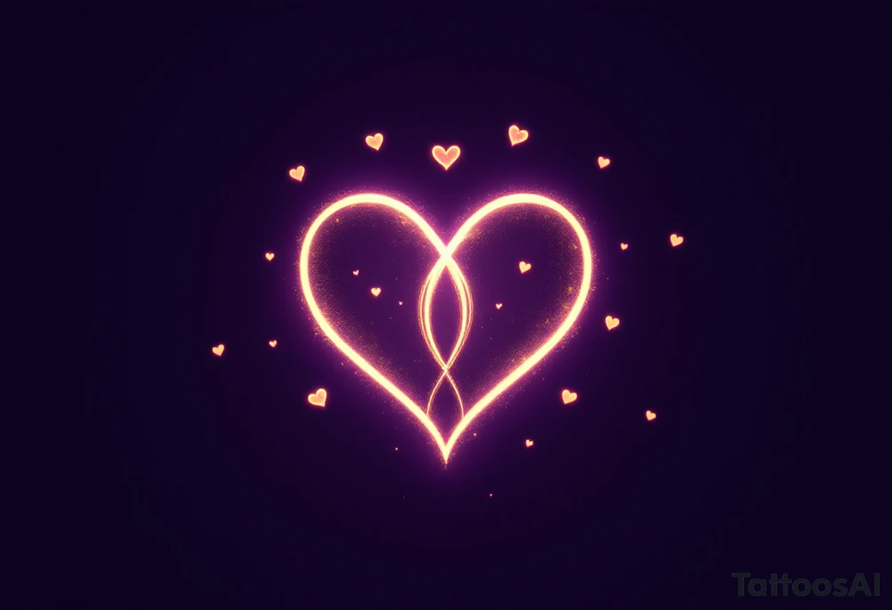 A symbol of rune of love in the shape of a heart, carved with clean, sharp edges. The design in golden light, and the background features a lavender glow. Tiny hearts float around the symbol, representing infinite devotion. tattoo idea