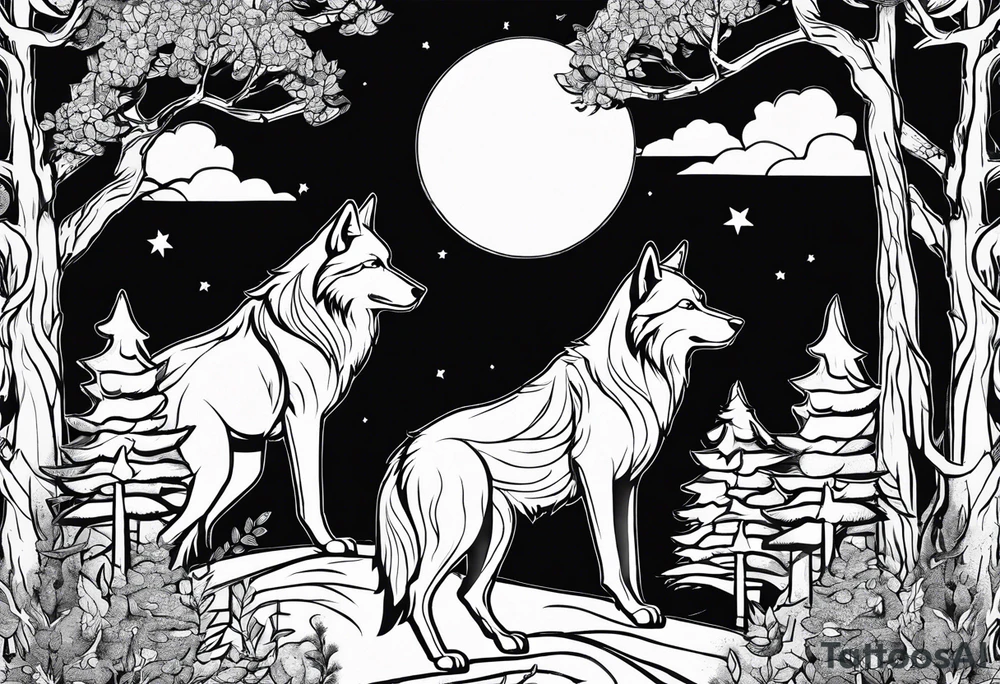 Memorial for a dad. Wolves and big full moon and trees tattoo idea