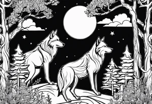 Memorial for a dad. Wolves and big full moon and trees tattoo idea