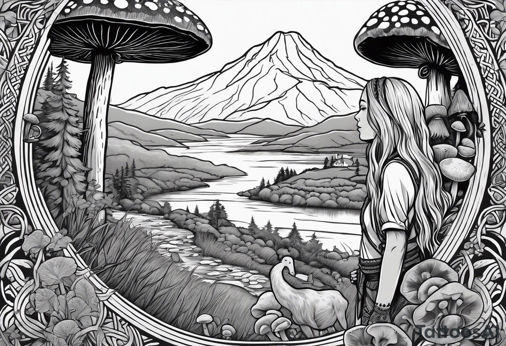 Whole picture encircled fully

Straight long blonde hair hippie girl in distance holding mushrooms in hand facing away toward mountains and creek surrounded by mushrooms long sleeve shirt and hiking pants; whole rendering within a full celtic circle border, no cut off circle tattoo idea