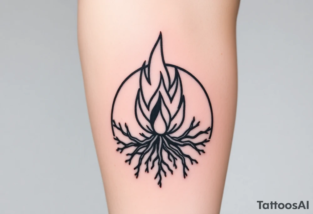 flame in a blooming roots circle tattoo idea