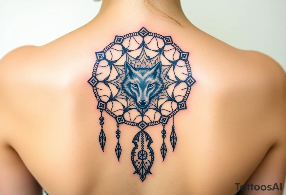Dreamcatcher with zodiac symbols and protection runes caught in it with wolf teal tattoo idea
