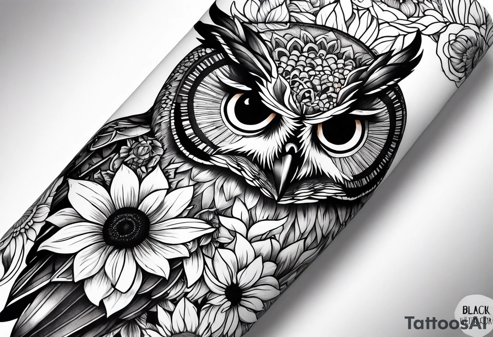 Arm sleeve with colorful sunflowers and an owl tattoo idea