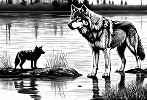 adult wolf standing alone at edge of water seeing a wolf pup as his reflection tattoo idea