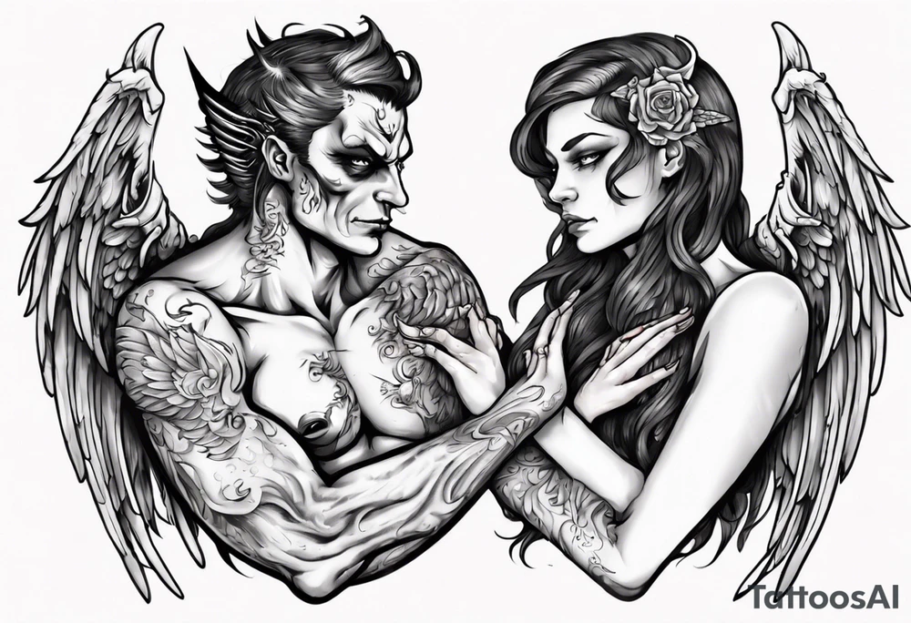 Demon and angel holding each other. He has angel wings, she has demon wings. tattoo idea