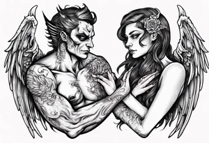 Demon and angel holding each other. He has angel wings, she has demon wings. tattoo idea