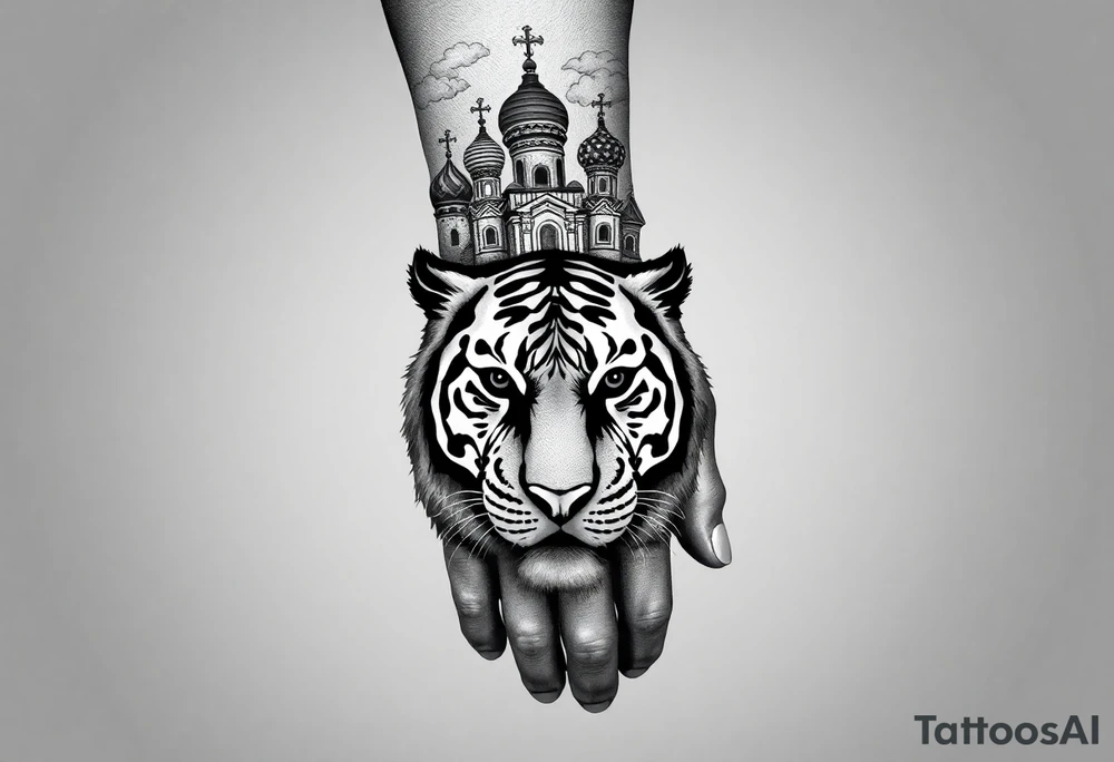 Realistic tiger face on the back of the hand with its eyes ALL black and no pupils, sitting beneath a Russian Orthodox cathedral sitting above on the top fore arm with onion domes and orthodox crosses. with clouds above and a virgin mary tattoo idea