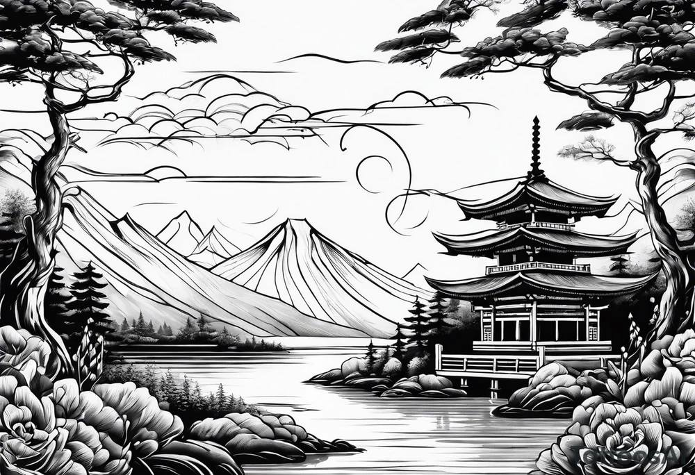 landscape and fishingpole and line with hook tattoo idea