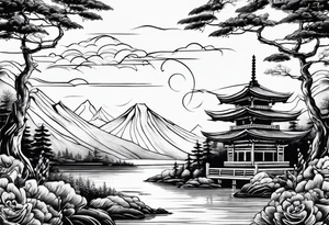 landscape and fishingpole and line with hook tattoo idea