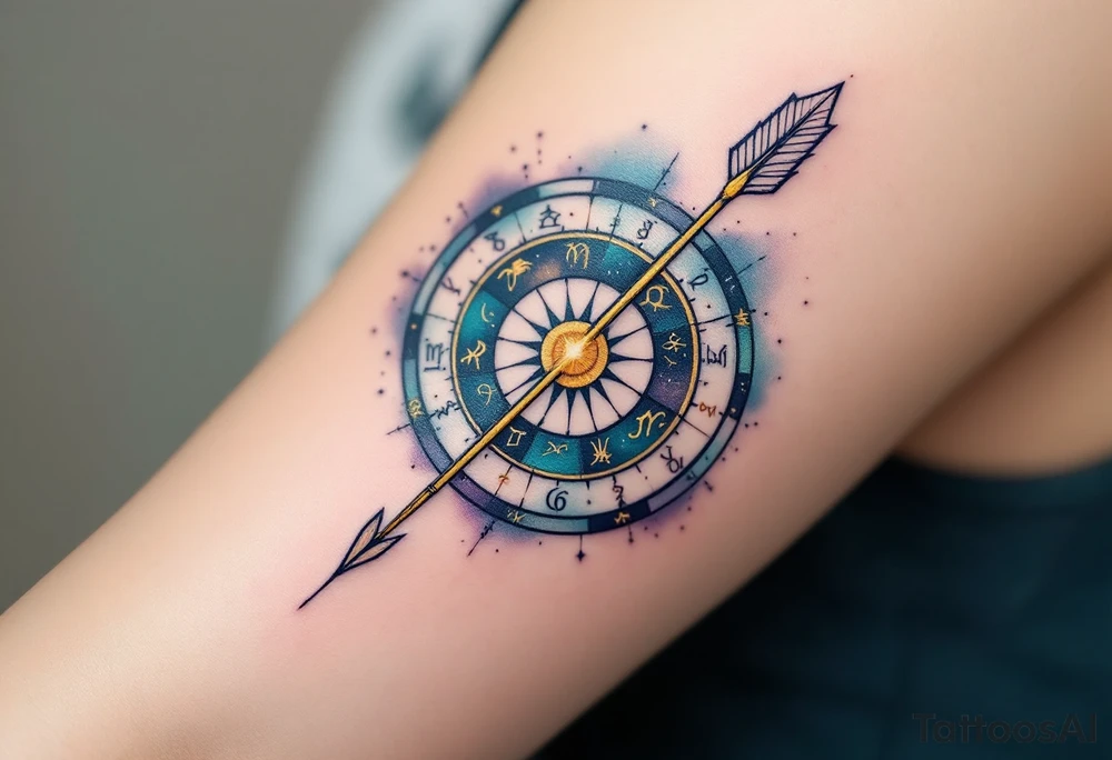 A Sagittarius arrow piercing through a detailed zodiac wheel. The wheel is adorned with all the zodiac signs, with the Sagittarius symbol shining brightly in the center in golden yellow. The background of the tattoo features soft teal and indigo to give it a cosmic, celestial feel. tattoo idea