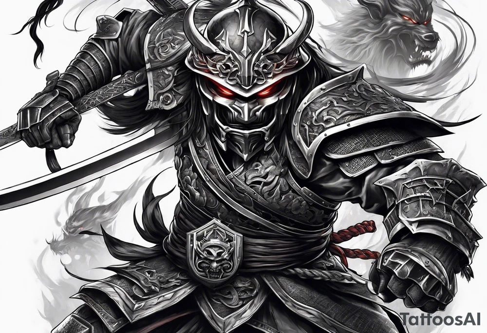 Angry robot demon ninja with demon mask with huge sword fighting in war tattoo idea
