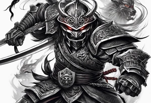 Angry robot demon ninja with demon mask with huge sword fighting in war tattoo idea