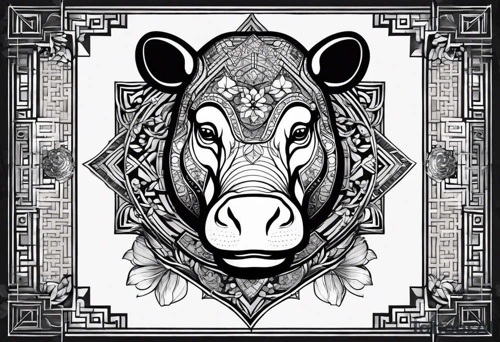 Very asymmetrical, +geometric pattern, with realistic full moon, with seeious looking hippo, with zen feel,
with wintersweet flower bud, +portrait orientation, +inkart touch, tattoo idea