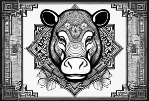 Very asymmetrical, +geometric pattern, with realistic full moon, with seeious looking hippo, with zen feel,
with wintersweet flower bud, +portrait orientation, +inkart touch, tattoo idea