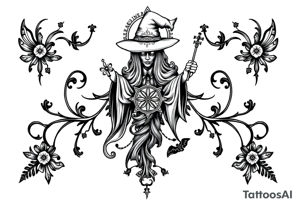 mystical and long ornament with witch mytolog and ancient rhyme tattoo idea