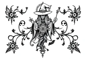 mystical and long ornament with witch mytolog and ancient rhyme tattoo idea