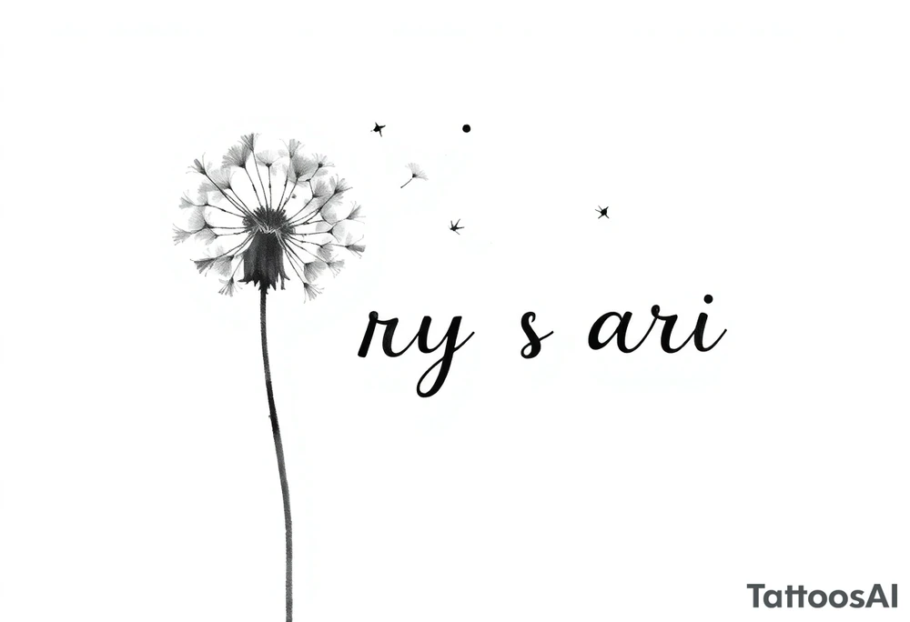 This image showcases a black-and-white watercolor-style illustration of a dandelion. The dandelion is depicted in fine detail, with its delicate seeds dispersing into the air. The artistic approach includes an ink-wash effect, where the stems appear to be dripping down like wet ink or paint, creating a dreamy and fluid aesthetic.

The background is minimalistic, with soft splatters and shading, adding to the abstract and ethereal feel. The contrast between the dark ink and the white background gives the image a striking, modern, and artistic look. It conveys themes of freedom, change, and the fleeting nature of time. Rix Rys Ari realistic drawing tattoo idea