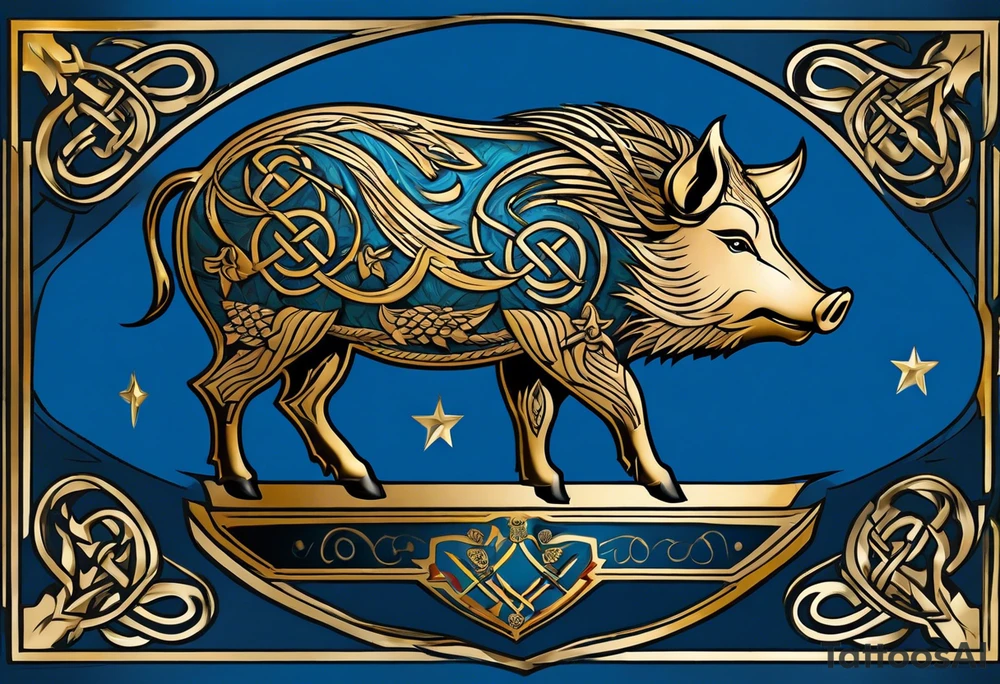 Side profile, Celtic, tribal, wild boar, On a Chatwin family crest with blue background, two gold stars, and a gold Chevron, and a Thistle tattoo idea