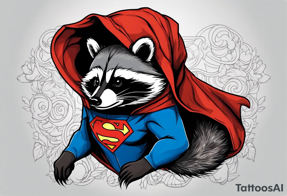 raccoon wearing a Superman hoodie tattoo idea