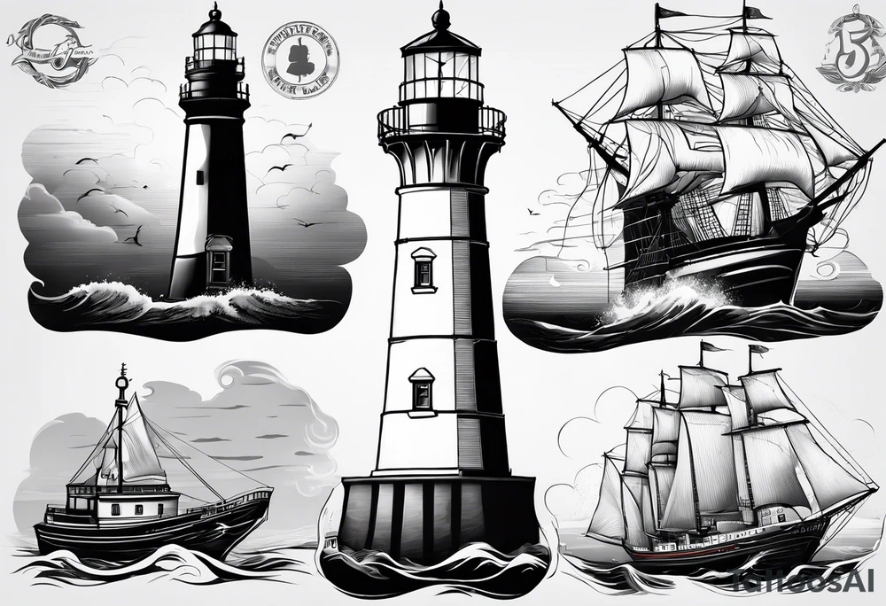 maritime lighthouse with 2 large sails attached. tattoo idea