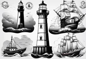 maritime lighthouse with 2 large sails attached. tattoo idea