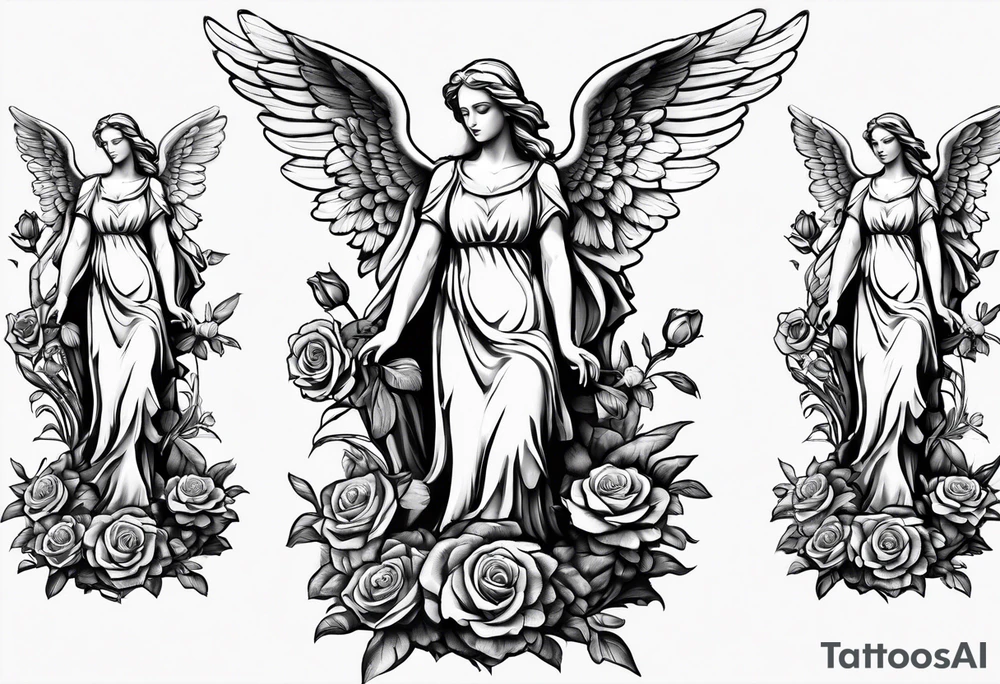 Simple Angel statue stood on a rock with daffodils and roses wrapped around its legs tattoo idea