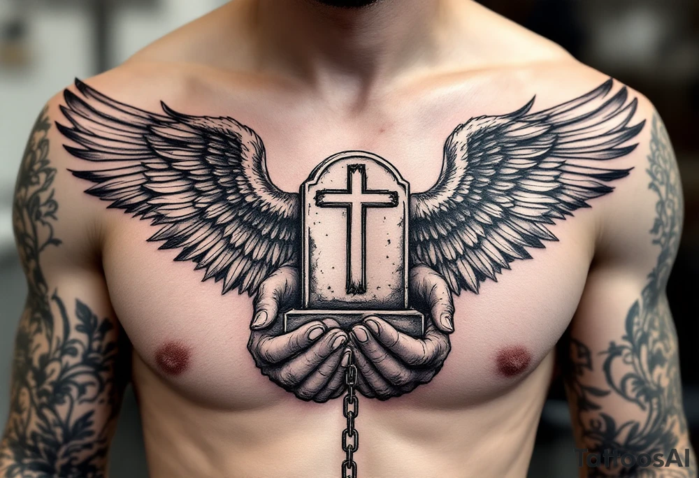 Angel hold headstone in hands with a cross chain hanging down with large wings tattoo idea