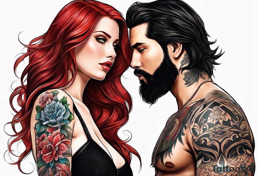 Busty red haired woman with a bearded man who has black hair tattoo idea
