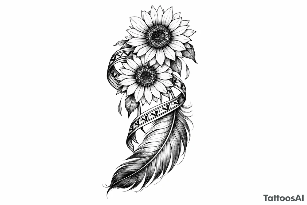 2 cascading sunflowers wrapped in simple Native American ribbon on top of a feather tattoo idea