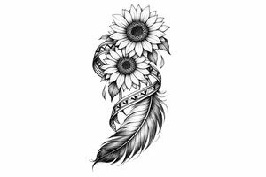 2 cascading sunflowers wrapped in simple Native American ribbon on top of a feather tattoo idea