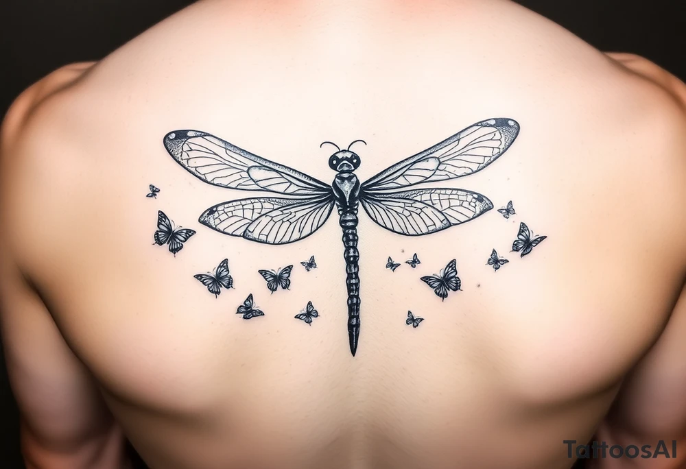 dragonfly surrounded by small butterflies tattoo idea