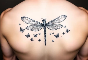 dragonfly surrounded by small butterflies tattoo idea