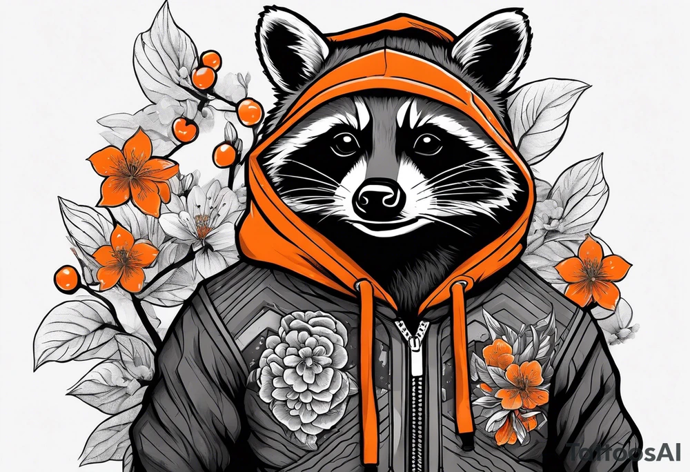 raccoon wearing a black and white Superman hoodie and orange Japanese cherry blossoms tattoo idea