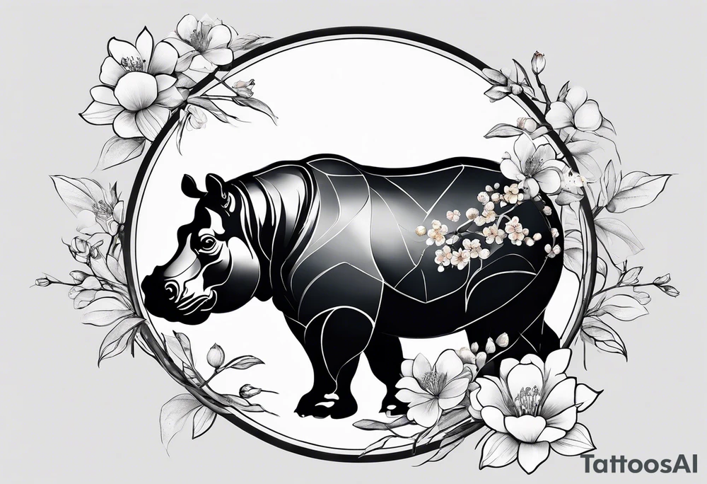 Asymmetrical, geometric, chinese ink art touch, hippo , full moon, wintersweet flower, light , modify from my favourite, s-shape tattoo idea