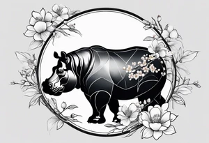 Asymmetrical, geometric, chinese ink art touch, hippo , full moon, wintersweet flower, light , modify from my favourite, s-shape tattoo idea