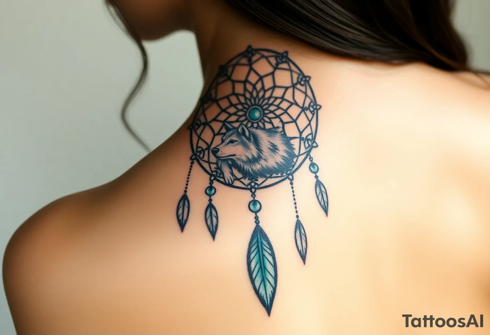 Dreamcatcher with zodiac symbols and protection runes caught in it with wolf teal tattoo idea