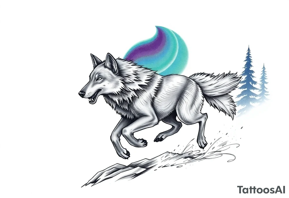 Wolf Running under the northern lights tattoo idea