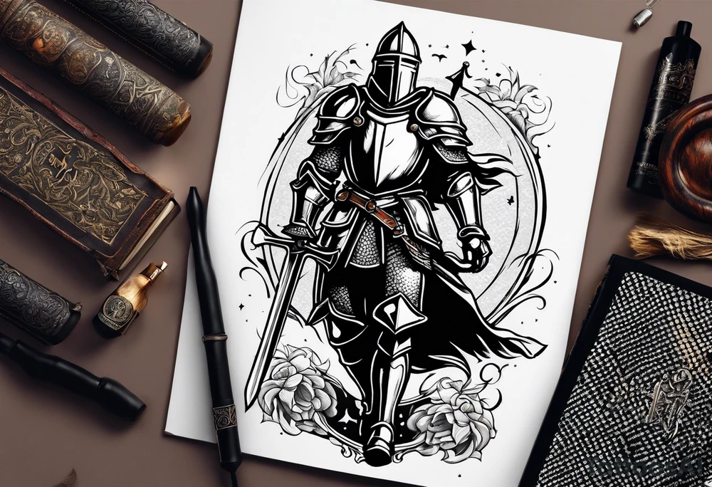knight holding a bible over his head in combat with both hands tattoo idea