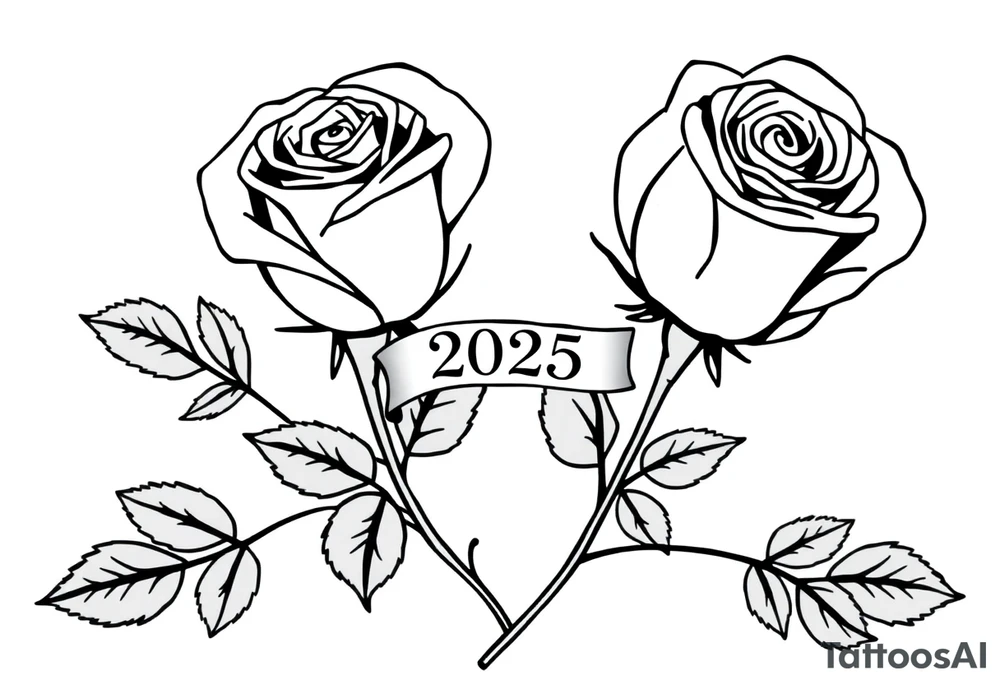 two beautiful large rose buds, one larger than the other, with many leaves next to the rose buds, with one sitting higher than the other. Include a banner connecting the two roses with the year "2025" on it.   Use dark outlines with little shading. The two stems should be short, not long, and connect and join into one stem, whimsically curved or twisted - not straight down. tattoo idea